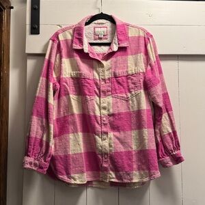 American Eagle Pink & White Flannel Shirt Relaxed Fit Large L Plaid Western